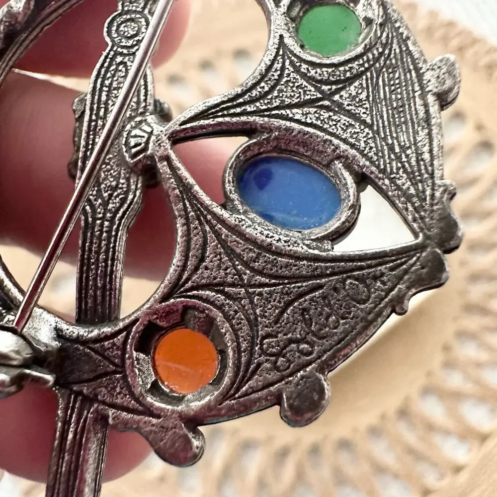 Vintage Soldor Signed Gothic Celtic Sword Shield Five Multicolored Stones Brooch